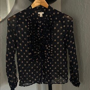 J. Crew Black Sheer Polka Dot Ruffle Blouse